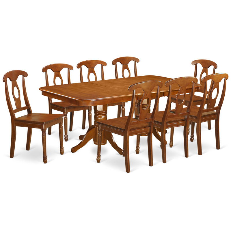 9 Piece Kitchen Table & Chairs Set Includes a Rectangle Dining Room Table with Butterfly Leaf and 8 Solid Wood Seat Chairs, Saddle Brown