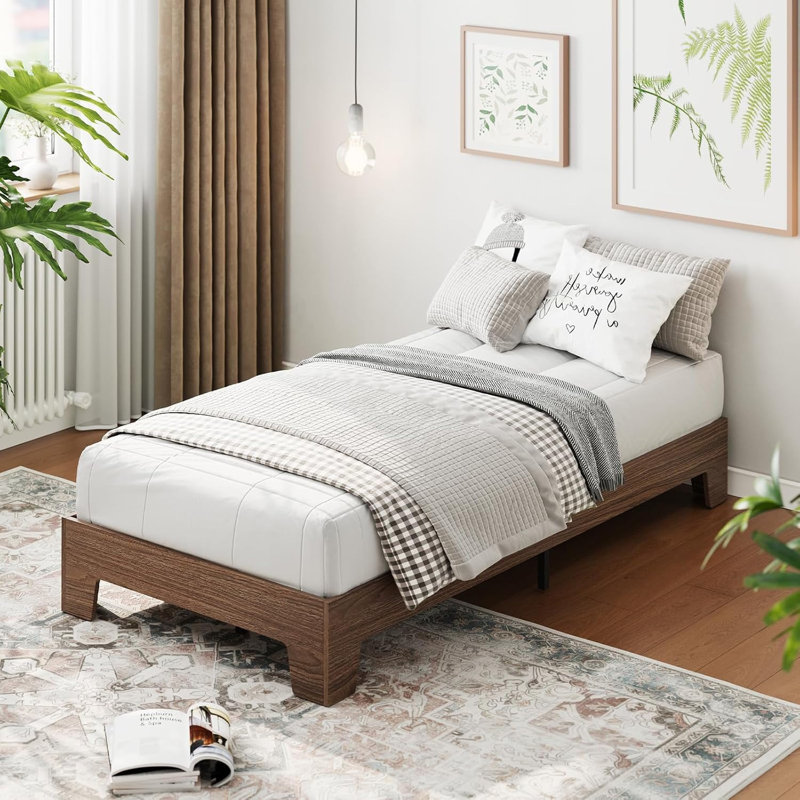 Twin XL Platform Bed Frame, Easy Assembly Space Saving, Walnut