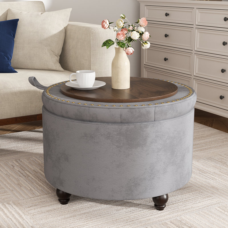 Button-Designed Upholstered Ottoman With Storage, Light Gray