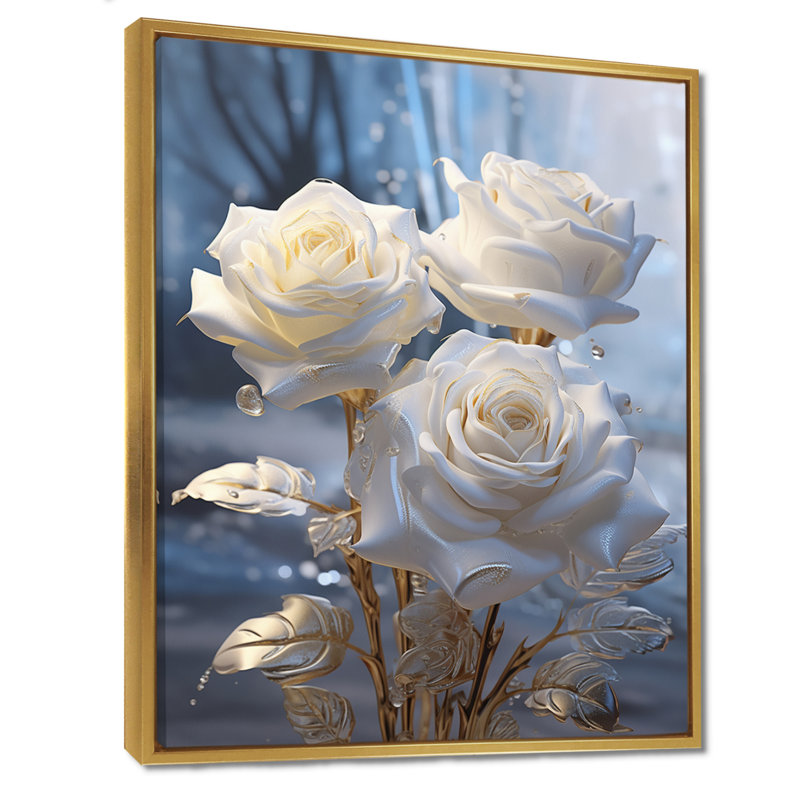 Art mural blanc, hiver, forêt rose, roses, salon, Toile avec cadre flottant or, H 32 po x l 24 po x P 1 po