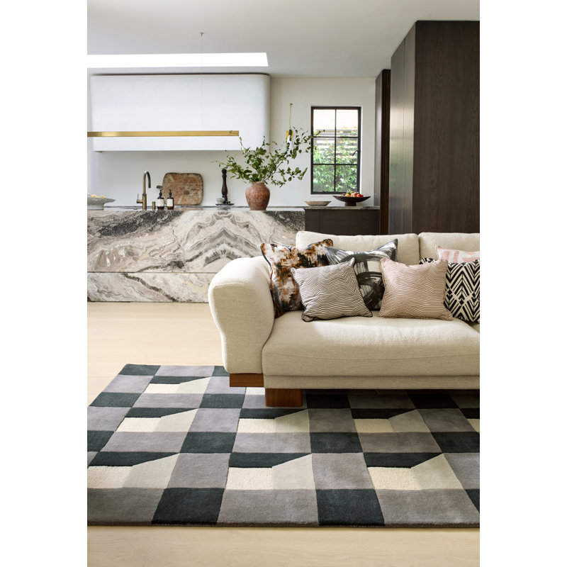 Hand Tufted Wool Geometric Area Rug in Slate/White, Rectangle 4'7" x 6'7"