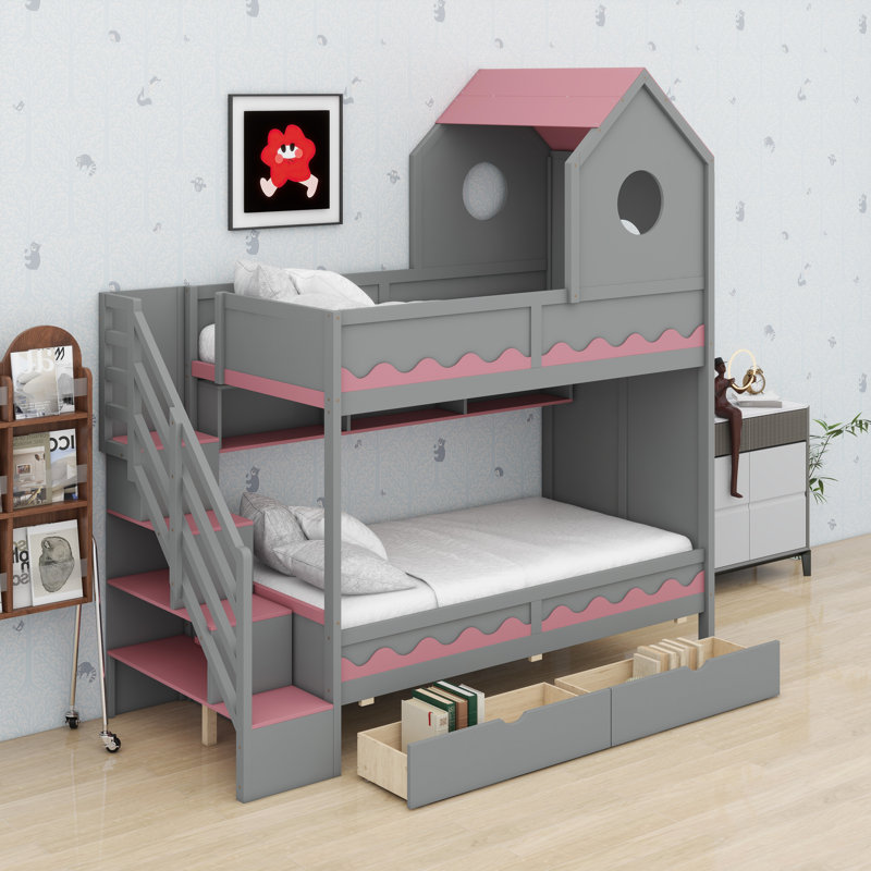 Kids’ Loft Bed Featuring House-Shaped Enclosure, Drawer, Staircase Access, And Integrated LED, Grey