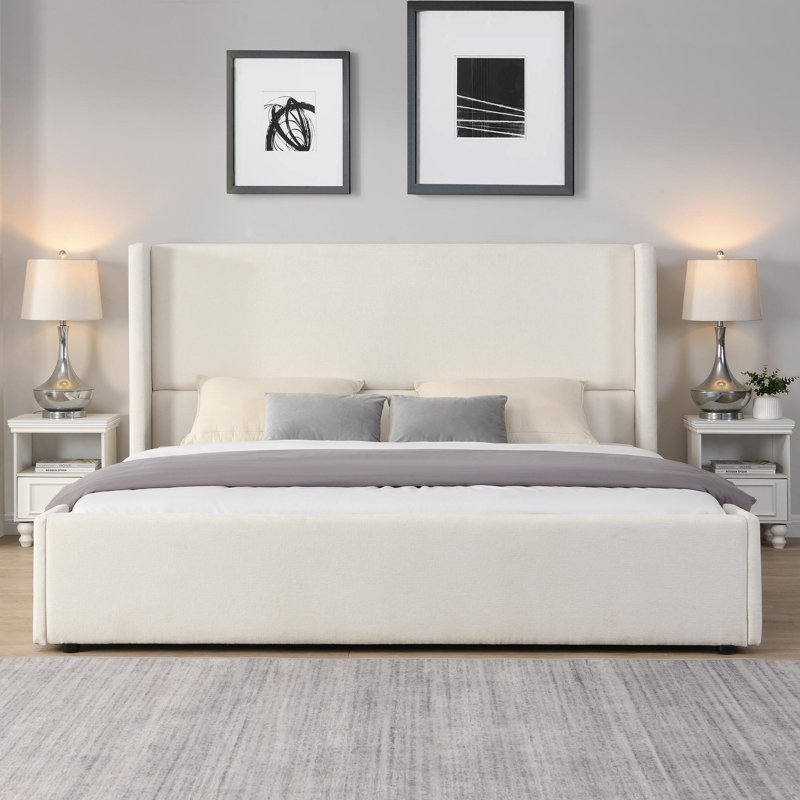Lit tapissier élégant avec tête de lit haute, blanc, très grand, Très grand lit
