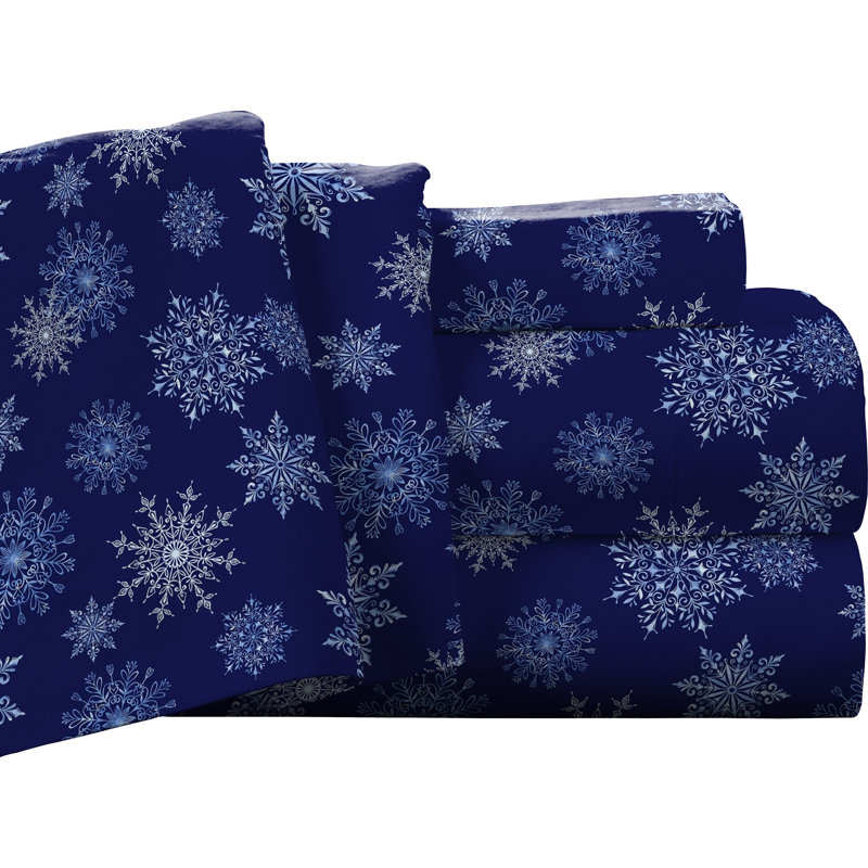 Ensemble de draps 100% coton en flanelle imprimée 175 g / m² Pointehaven, Simple, Flocons de neige, bleu marine