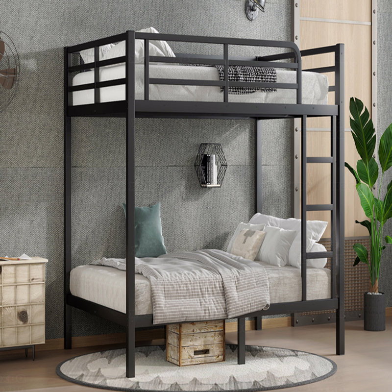 Lit superposé double au dessus d'un lit double, en métal pour les adolescents et les adultes, peu encombrant / réduit le bruit / pas de sommier nécessaire, noir