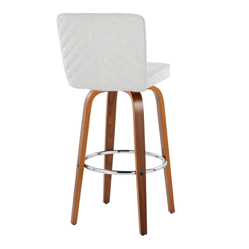 Henry 30" Contemporary Fixed-Height Barstool With Swivel In Walnut Wood And White Fabric With Round Chrome Footrest By Lumisource - Set Of 2