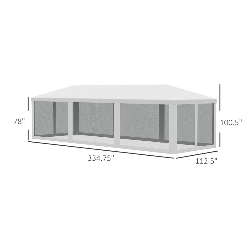 Pavillon de jardin d'extérieur 10 pi x 28 pi - auvent blanc avec parois latérales en filet, accès à fermeture à glissière, structure en acier imperméable, bloquant, pouvant accueillir de nombreuses personnes, 8 portes amovibles, cadre, blanc Spacieux