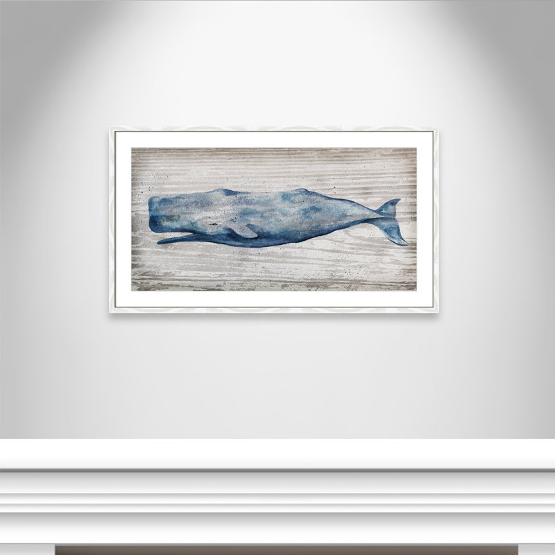 " Blue Whale ", 23.5'' H x 41.5'' W x 0.75'' D, White Slim Frame - Matted Fine Art Paper Print