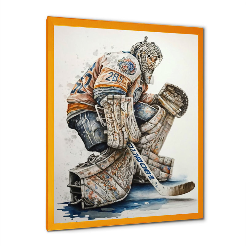 Gardien de but pendant le match de hockey I - Impression sur toile, H 32 po x l 16 po x P 1 po, Encadrement doré