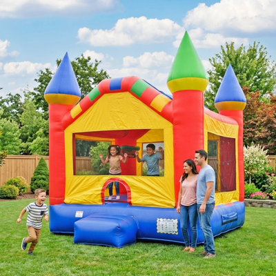 HeroKiddo 14' Castle Commercial Grade Inflatable Bounce House for Kids with Basketball Hoop, Safety Netting and Blower