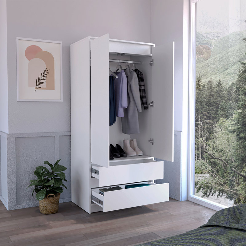Armoire, penderie avec deux tiroirs, tringle, Blanc