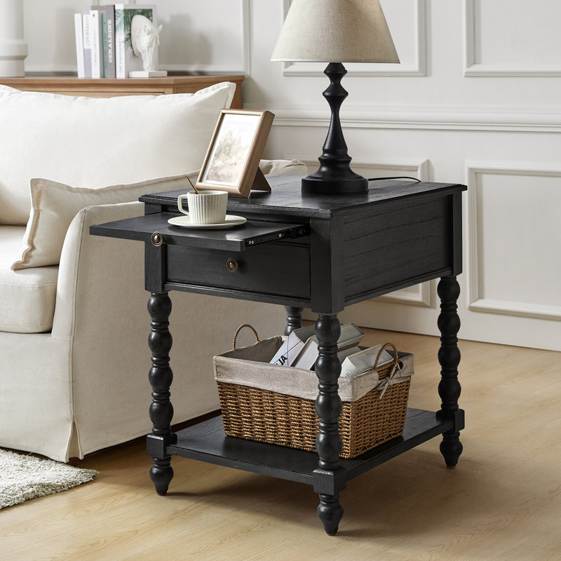Table de bout rectangulaire en bois massif avec prises électriques intégrées 26 po Jeremie, Gris anthracite
