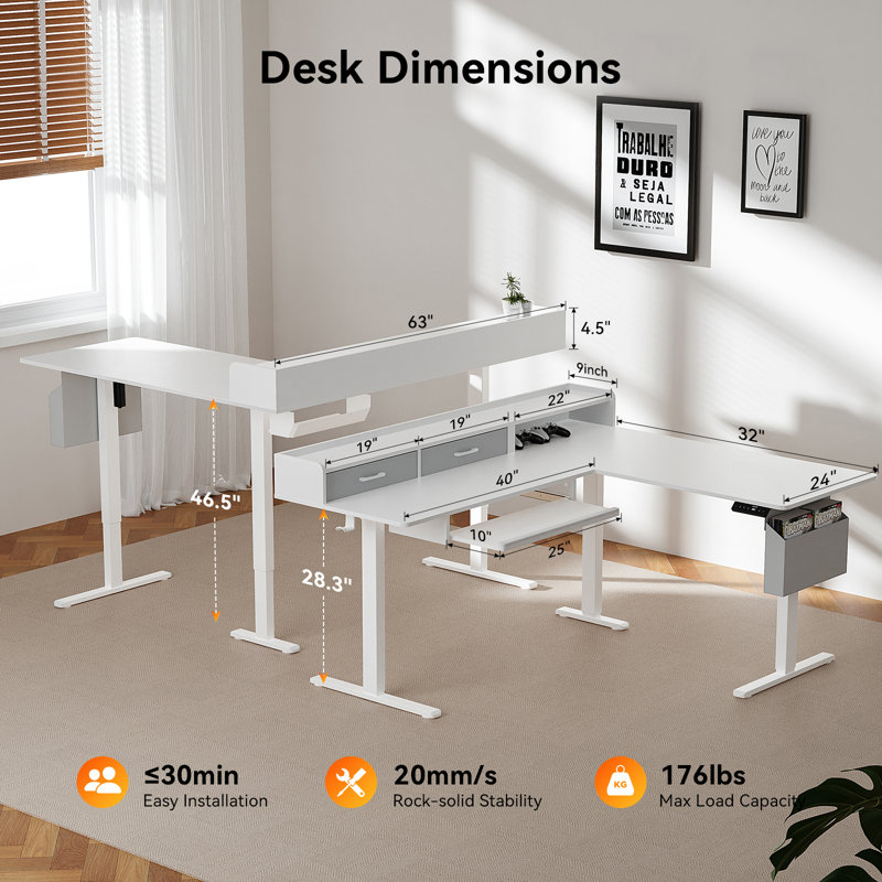 63" Height Adjustable L Shaped Standing Desk with 2 Drawers and Keyboard Tray, Electric Sit to Stand Home Office Comupter Table, Ergonomic Corner Gaming Desk, White