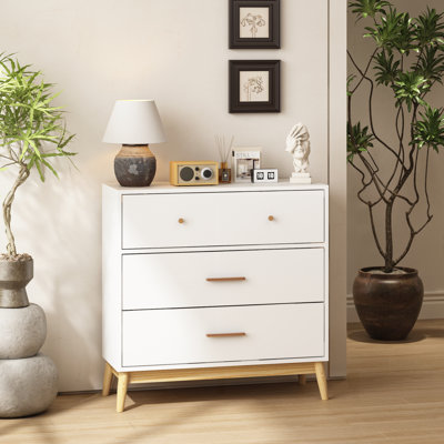 Nordic Style 3-Drawer Storage Cabinet, Modern White Chest with Rose Gold Handles and Solid Wood Base for Small Spaces