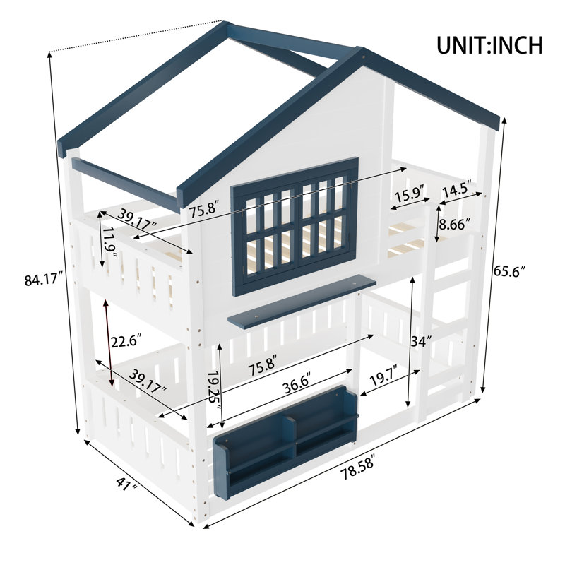 Lit superposé Kids House, Simple sur simple, Blanc / Bleu