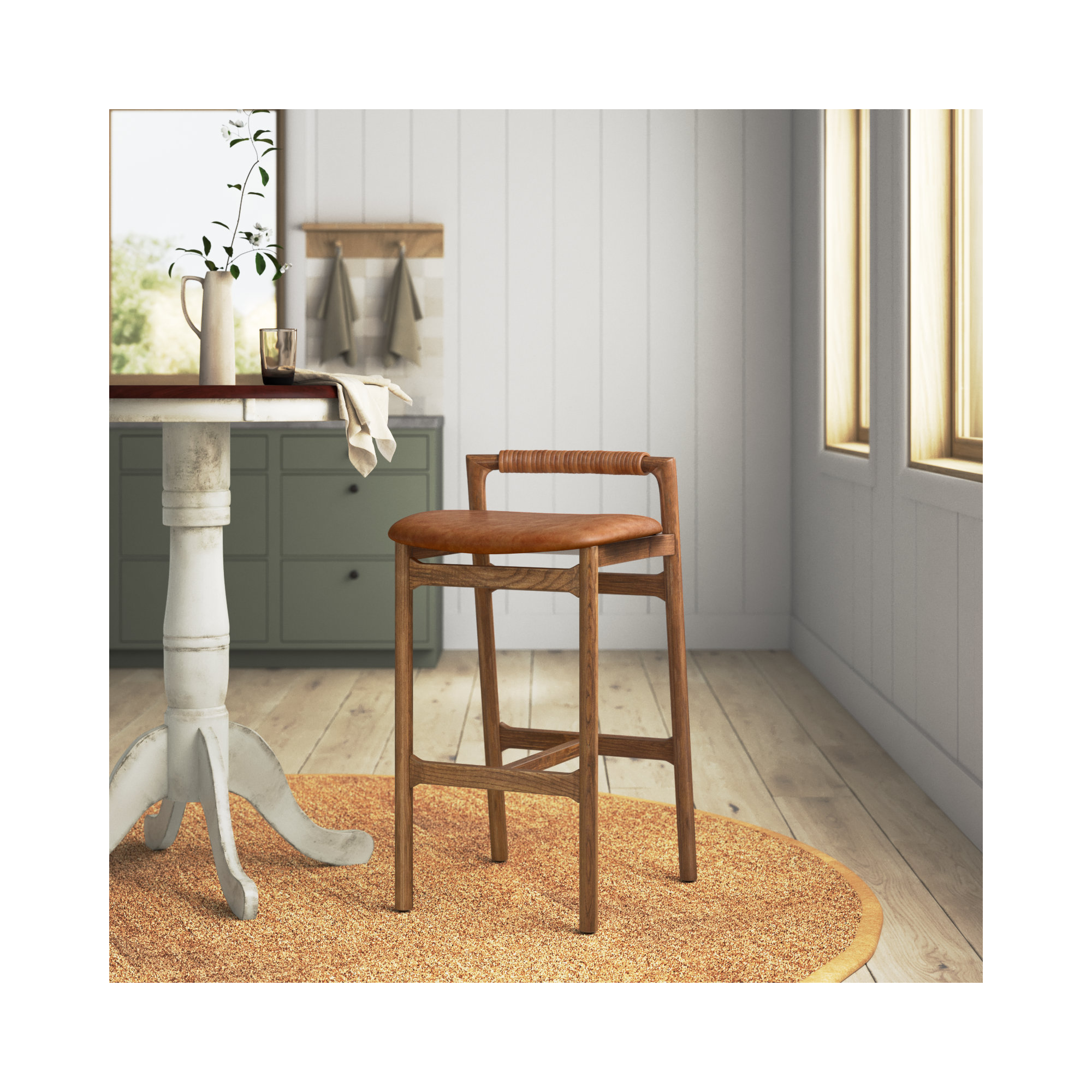 Solene Leather Stool, Bar Stool (30" Seat Height), Lamont Nettlewood, Haven Tobacco/Genuine Leather