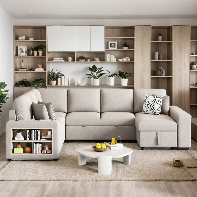 Canapé modulaire convertible en U 2 en 1 avec lit escamotable, méridienne de rangement et ports USB - parfait pour le salon - gris