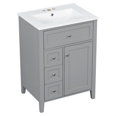 Meuble-lavabo avec lavabo, panneau de fibres à densité moyenne et bois d'hévéa Defelice, 3 tiroirs et armoire avec tablettes réglables
