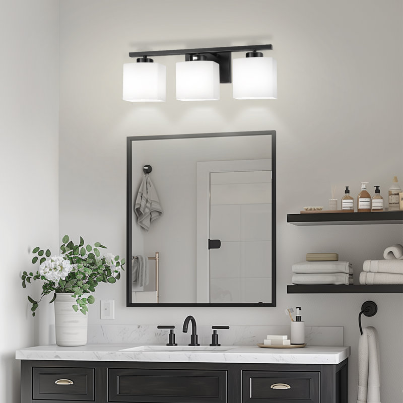 Modern 3-Light Vanity Fixture With Square Glass Shades, Matte Black, 3