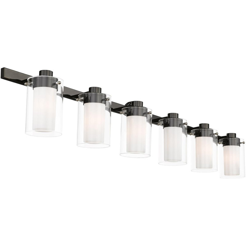 Éclairage pour salle de bain 6 lumières en chrome noir poli avec abat-jour en verre transparent soufflé à la main - 47,5 po