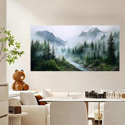 Large Misty Forest Wall Art For Living Room Green Mountain Landscape Canvas Prints With Trees And River Modern Nature Artwork For Bedroom Office Home Decor 20"X40"