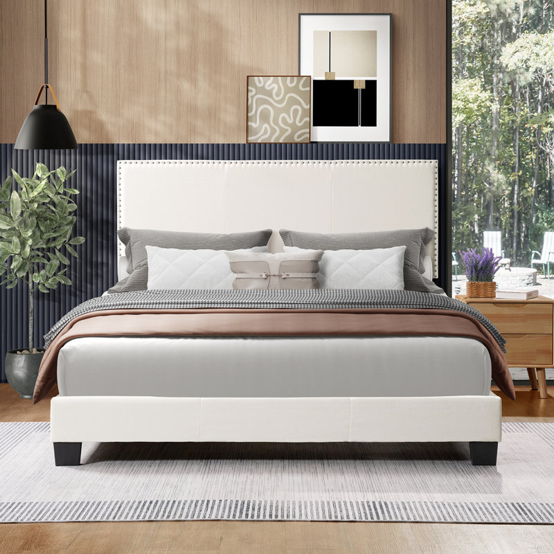 Lit plateforme tapissier en lin, Beige, Complète