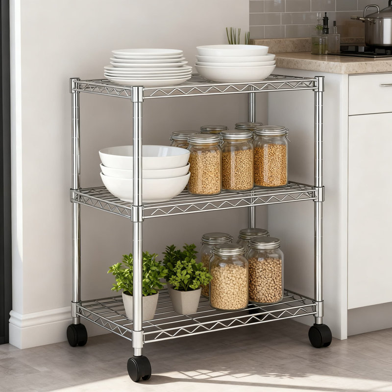 Étagère en fil métallique robuste à 3 niveaux avec roulettes, support de rangement réglable en métal pour le garde-manger, le garage, la salle de lavage et l'organisation de bureau