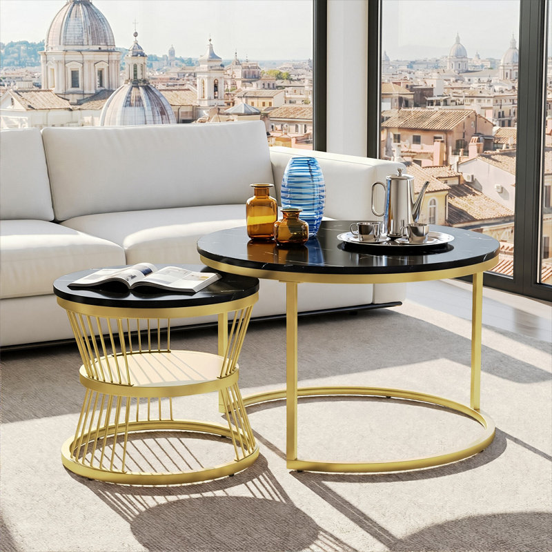 Round Nesting Coffee Tables Set (70+45cm), High-Gloss Faux Marble Top With Wire Metal Frame, Black/Gold