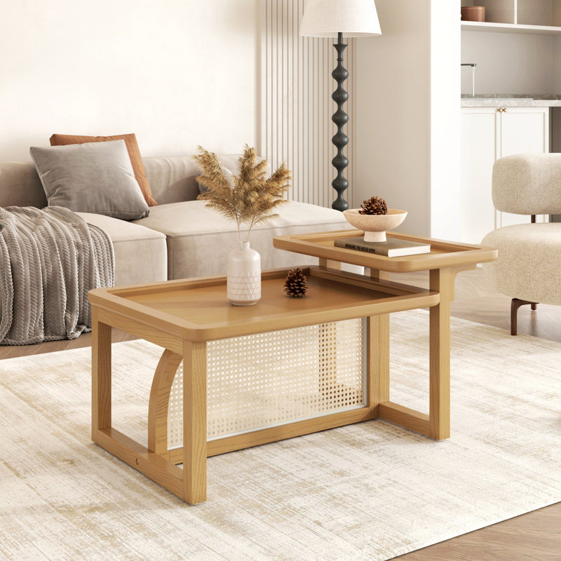 Table basse 2 pièces en bois de rotin gigogne