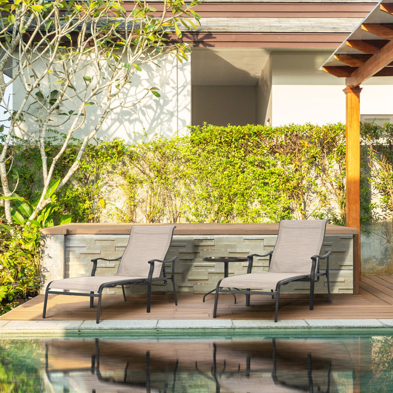 Alayshia Outdoor Rust-Resistant Metal Chaise Lounge with Table , Cushion Included, Brown