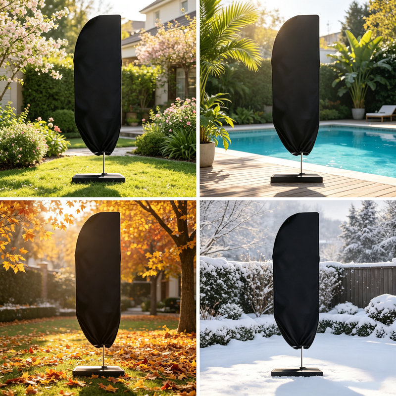 Housse de parasol extérieure 210D enduite d'argent, housse de parasol extérieure imperméable résistante aux rayons UV avec cordon et sac de rangement