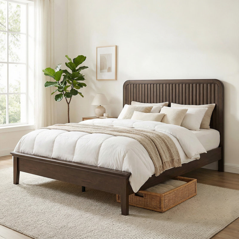 Solid Wood Bed with Flutted Headboard, American Vintage Design, Queen Size, Slats Support, Noise-Free, Sturdy Structure, Easy Assembly, Walnut