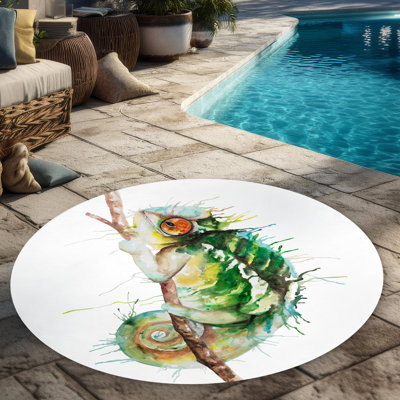 Watercolor Chameleon Rug | Brown Round Outdoor Decor