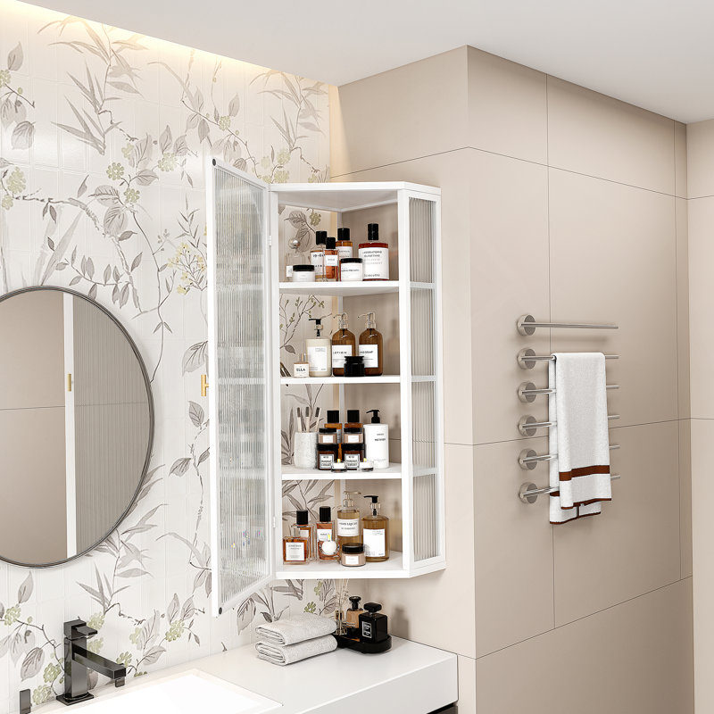 Wall Mounted Corner Cabinet with 4-tier shelves Bathroom Storage, Wall Glass Cabinet
