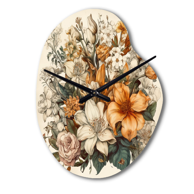 Cream And Orange Flowers Bouquet Interpretation I - Pear Shape Large Cream Wall Clock Sculpture, Small