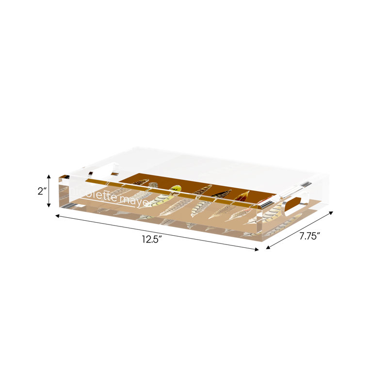 Pheasant Feathers Acrylic Rectangle Decorative Tray, Brown, 12.5"W x 7.75"D x 2"H