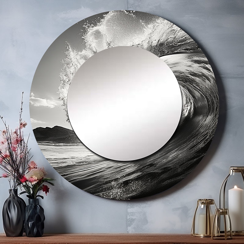 Photo en noir et blanc Wave I - miroir mural décoratif de plage, miroir gris, impression d'art en métal, 36 po x 36 po, Rond