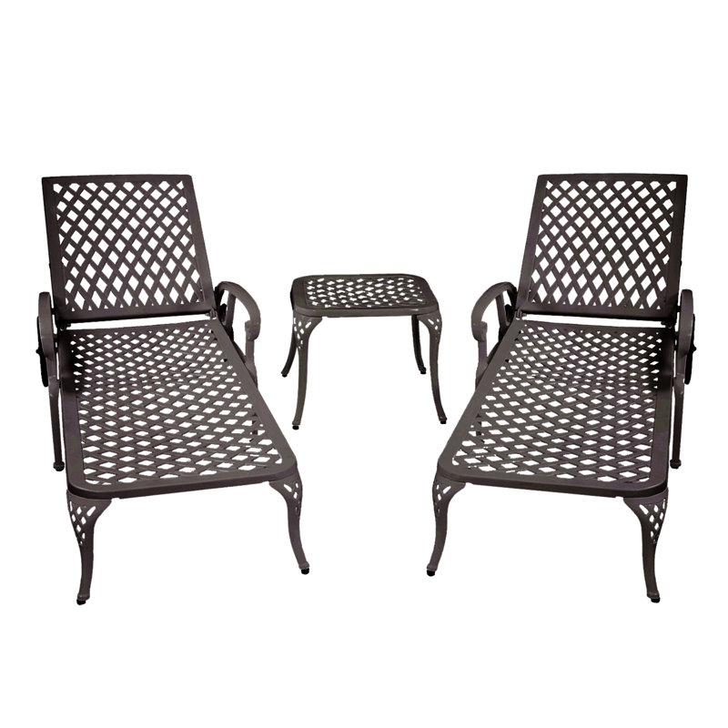 Outdoor Bronze Cast Aluminum Two Chaise Lounges and Table with Adjustable Backrest and Wheels