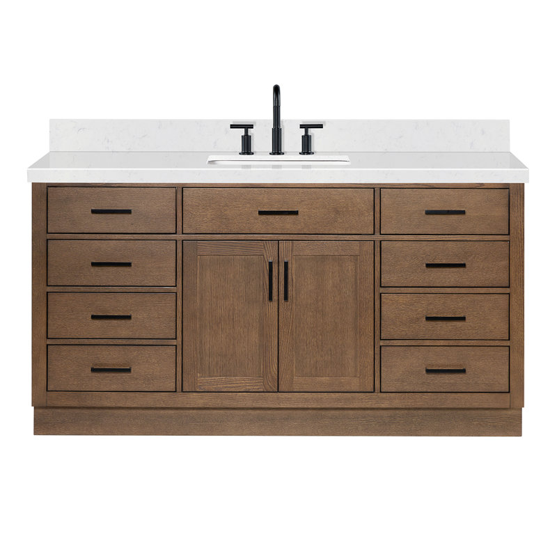 Thornaby 66'' Solid Wood Single Bathroom Vanity with 1.5'' Carrara Quartz Top, Rectangular, Brown Oak