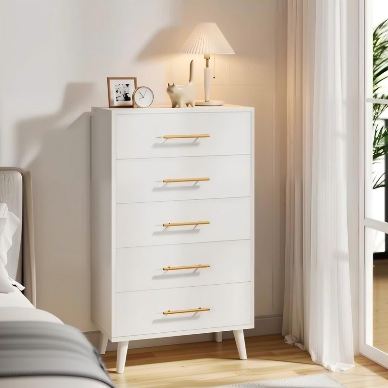 Commode moderne à 5 tiroirs en bois massif avec rangement en métal, Blanc