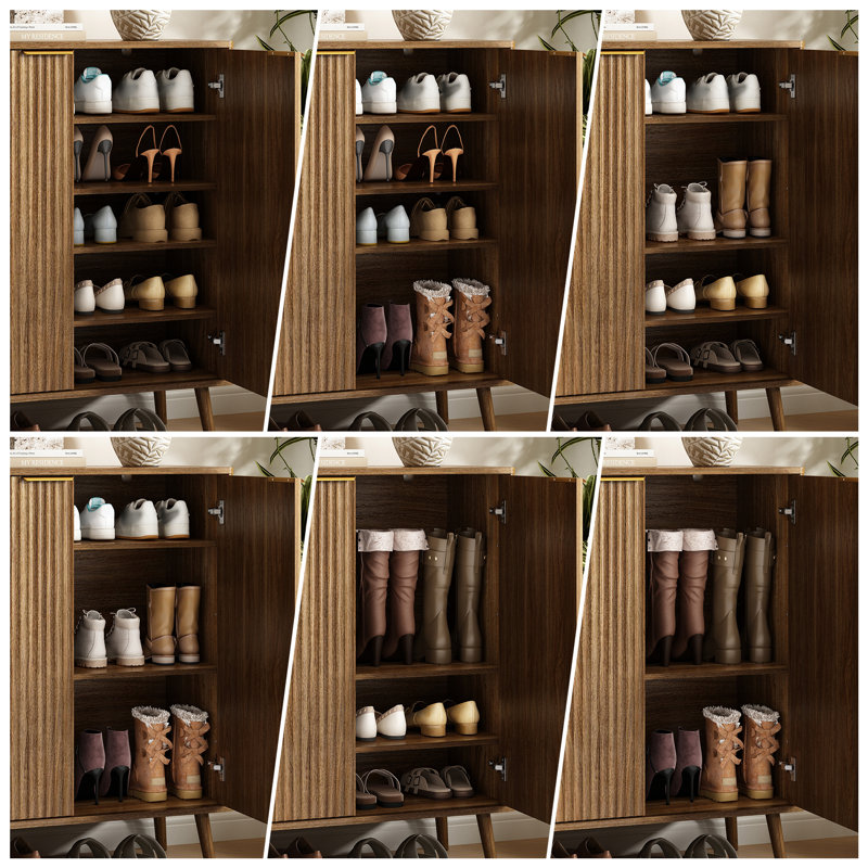 48 Pair Modern Shoe Cabinet for Living Room, Fluted Shoe  Storage Cabinet with Anti-tipping Device, Walnut