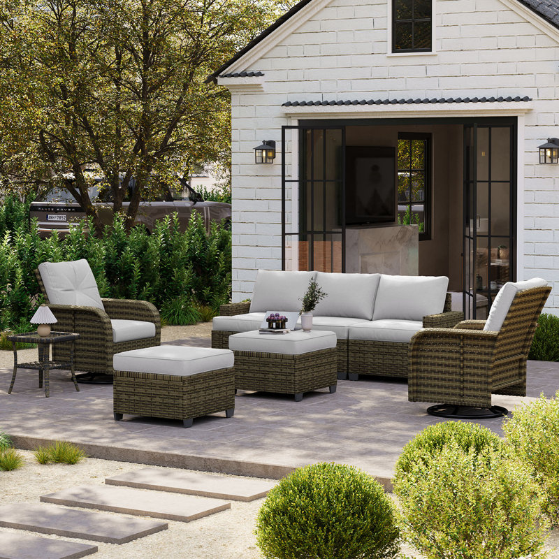 Ensemble de patio en osier tissé à la main 8 pièces avec chaises pivotantes 8 pièces, Gris