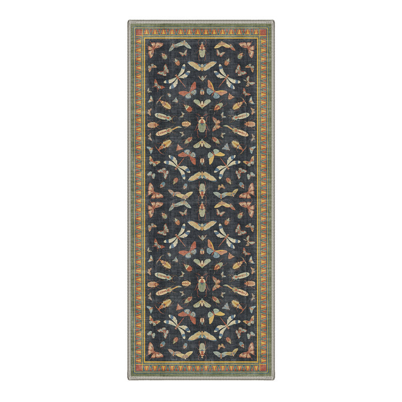 Adonis Vintageon Vintage Machine Washable Black / Green Indoor Area Rug with Non-Slip Backing, Runner 2' x 7'