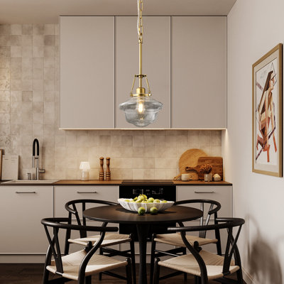 1-Light Glass Pendant Light with Copper Finish, Adjustable Chain Hanging Fixture for Dining Room, Living Room and Foyer, 2700K E26 LED Bulb Included