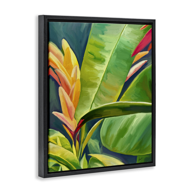 «Bright Tropics Greenery» par Amy Hall, Cadre flottant noir de jais, H 21 po x l 17 po