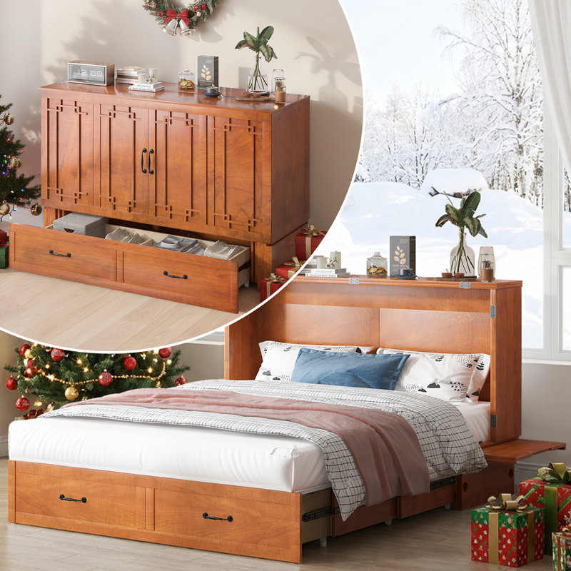 Queen Murphy Bed Cabinet with USB, 2 Drawers & Tri-Fold Mattress, Red