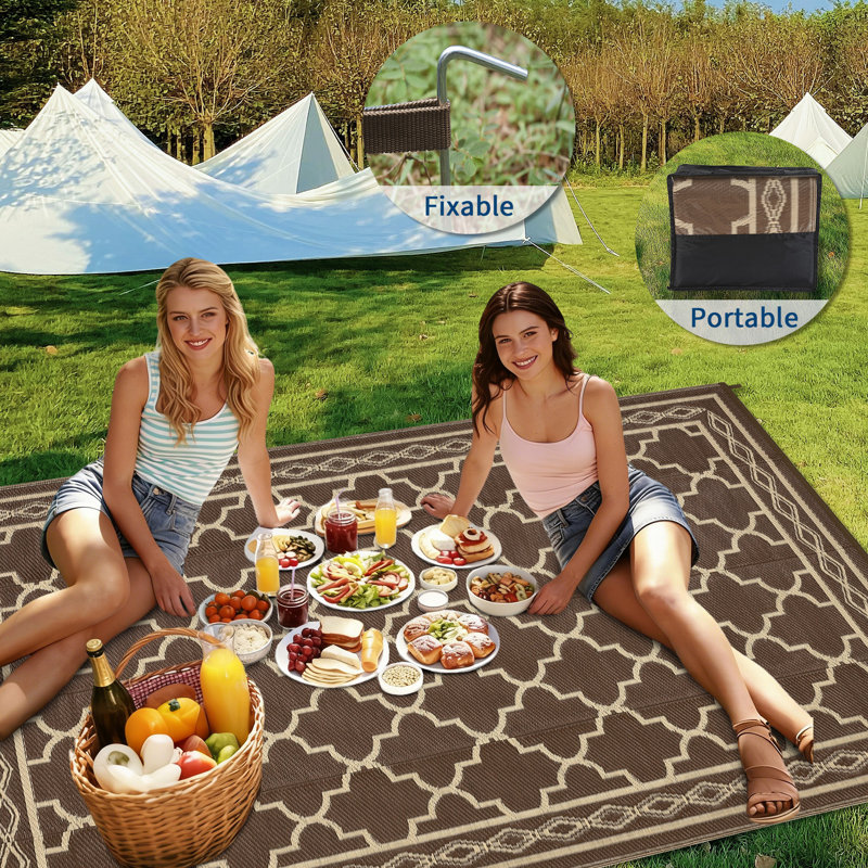 Tapis d'extérieur marocain en plastique paille imperméable et moderne pour le jardin, Café / bun, Rectangulaire 10 pi x 8 pi