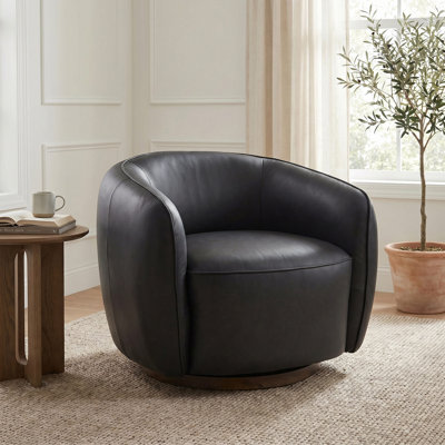Fauteuil d'appoint pivotant en cuir véritable italien avec base en bois