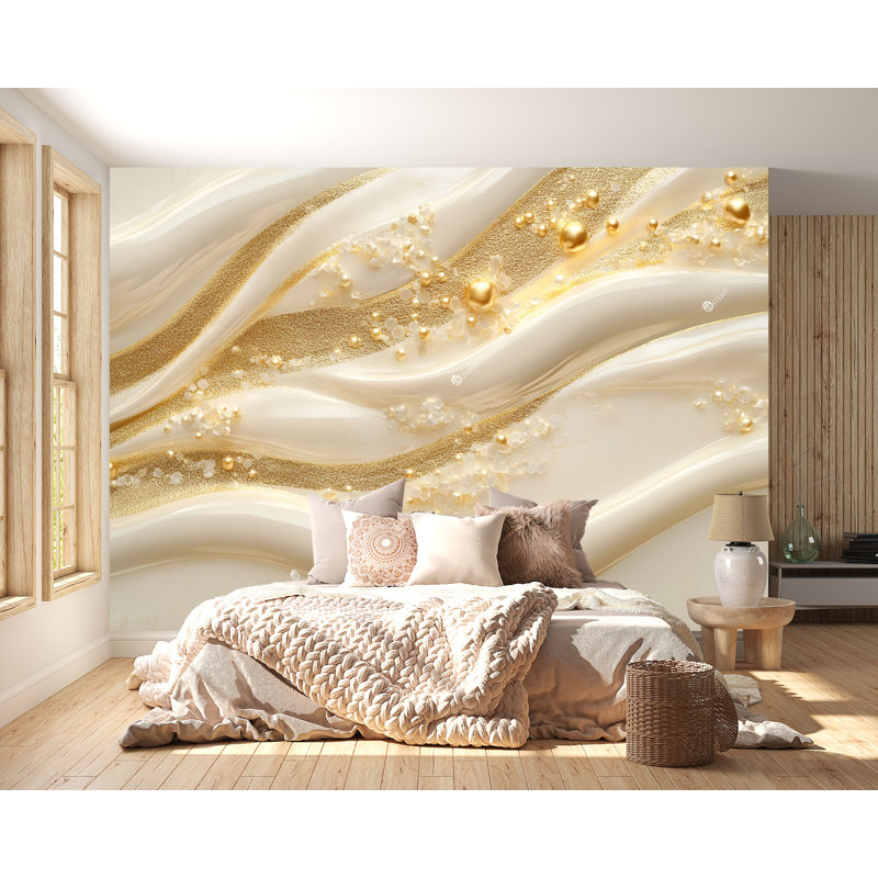 Murale luxueuse perle dorée de luxe - Papier peint décoratif crème et or 3D, L 165 po x l 120 po, Premium Non-Woven