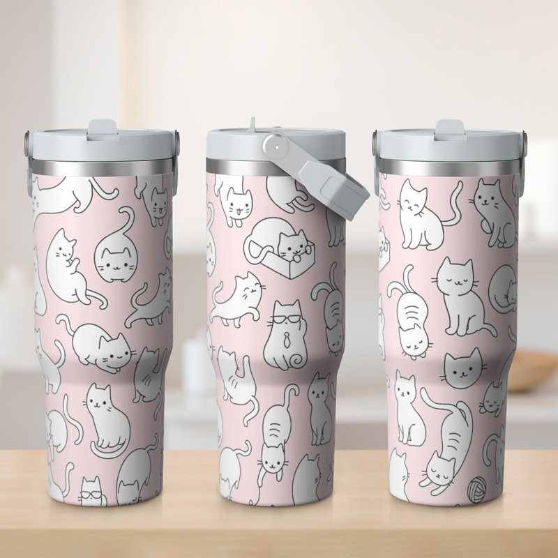Verre 30 oz avec couvercle et poignée Gobelets isothermes en acier inoxydable Bouteille d'eau mignonne avec rabat (motif de chat)